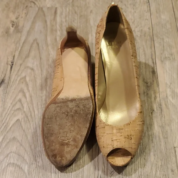 Stuart Weitzman Logo Plainfield Natural Cork Peep Toe Platform Pump - Picture 7 of 9